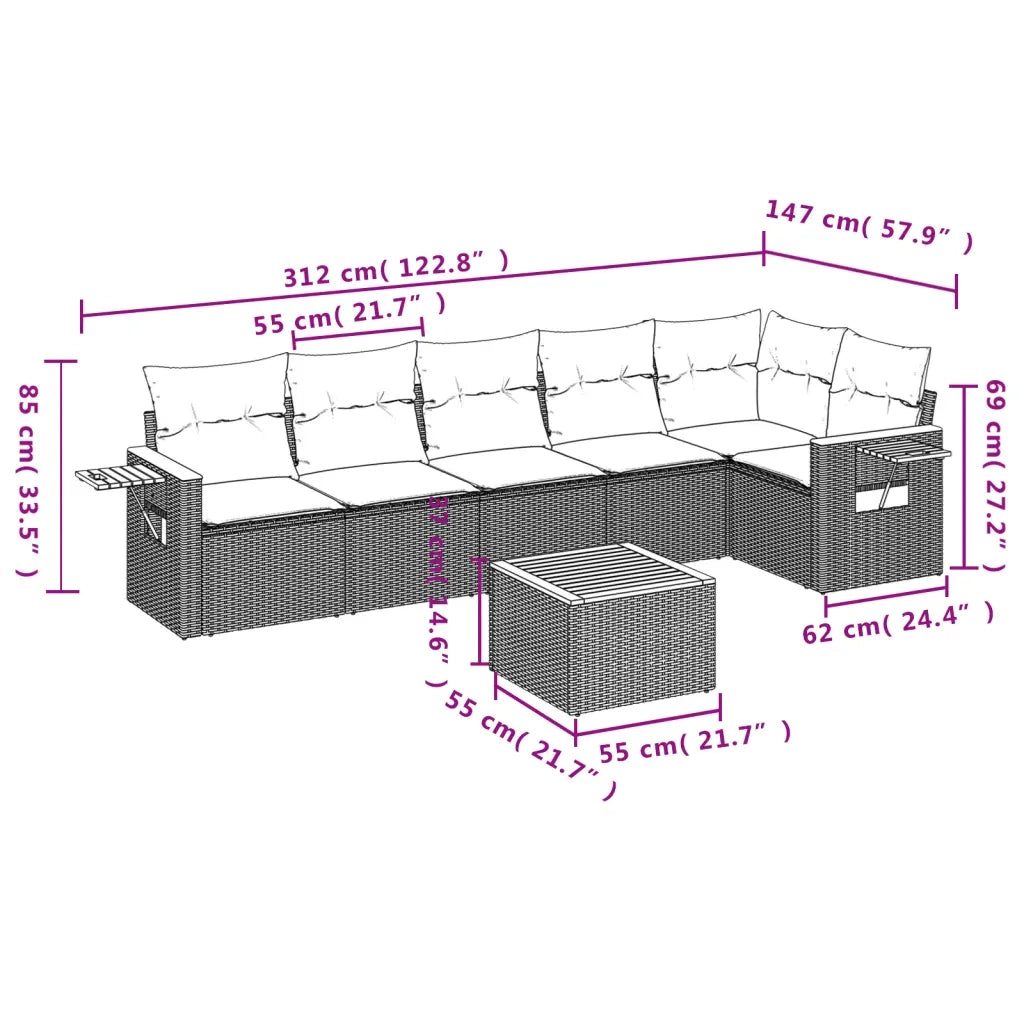 Set Divani da Giardino 7 pz con Cuscini Grigio in Polyrattan