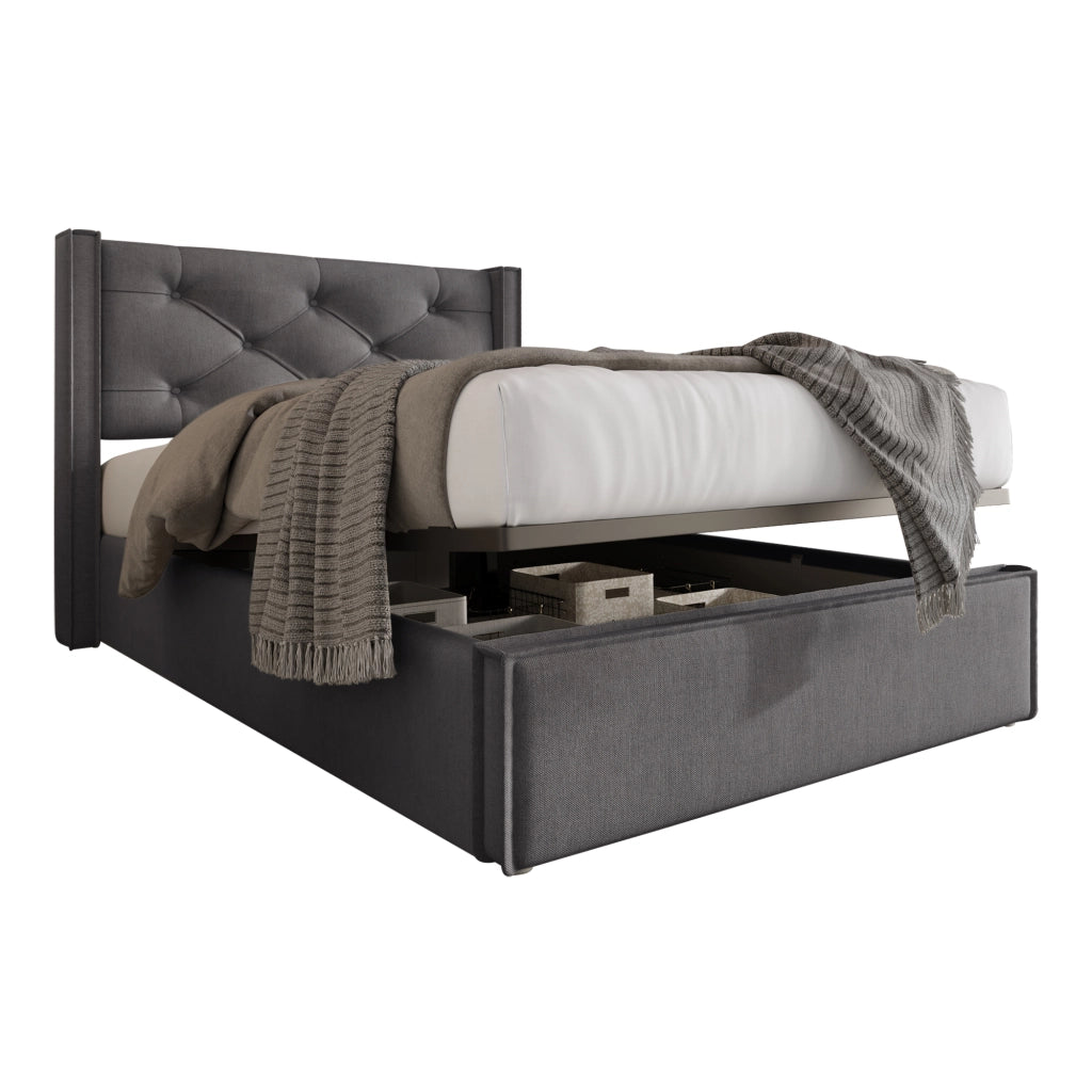 Letto singolo imbottito 90x200 con contenitore e rete sollevabile; cotone grigio