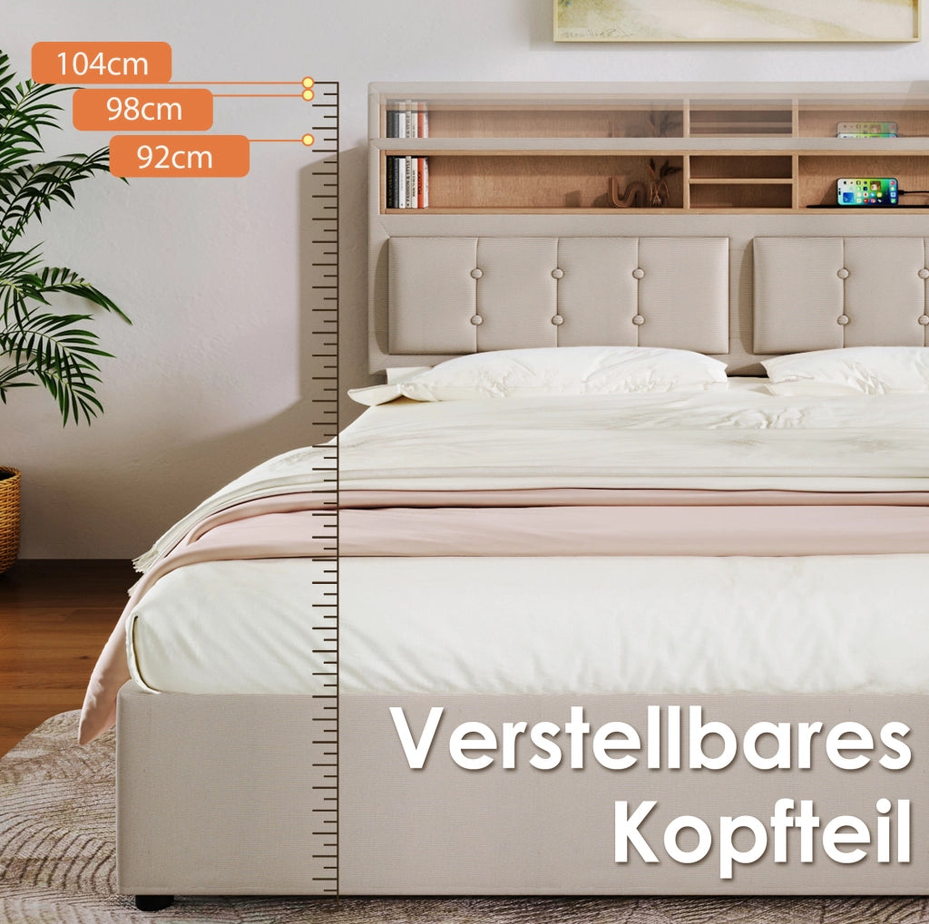 LETTO Contenitore 140x200 cm in lino beige con testiera regolabile e USB