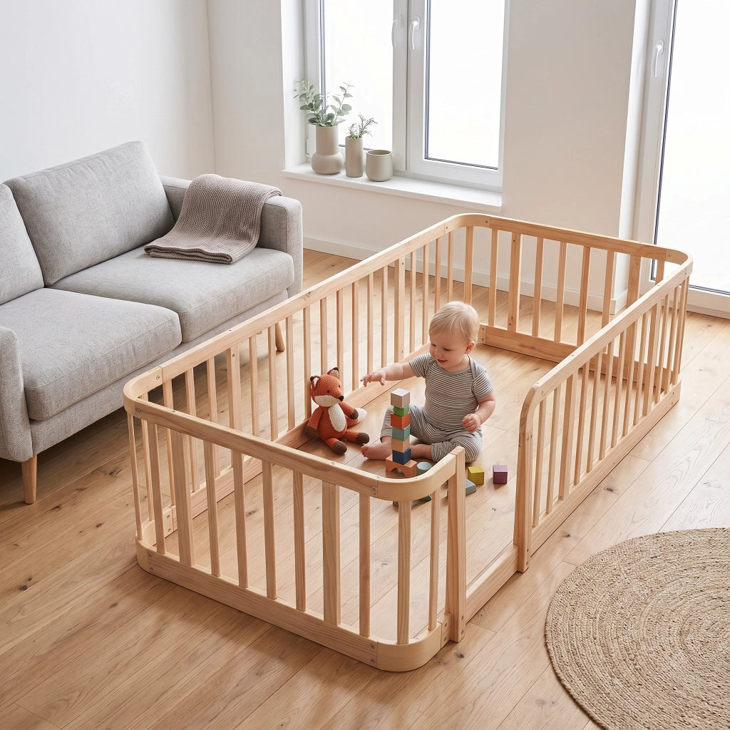 Recinto Modulare per Bambini 140x200 cm; 7 cm - Struttura Integrata - Legno Naturale