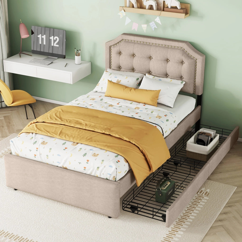 Letto imbottito 90x200 cm con cassetti, design elegante e testata regolabile