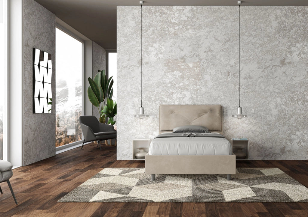 Letto 1 Piazza E Mezzo 110x190 cm con Rete e Contenitore Imbottito in Microfibra Appia Large Sabbia