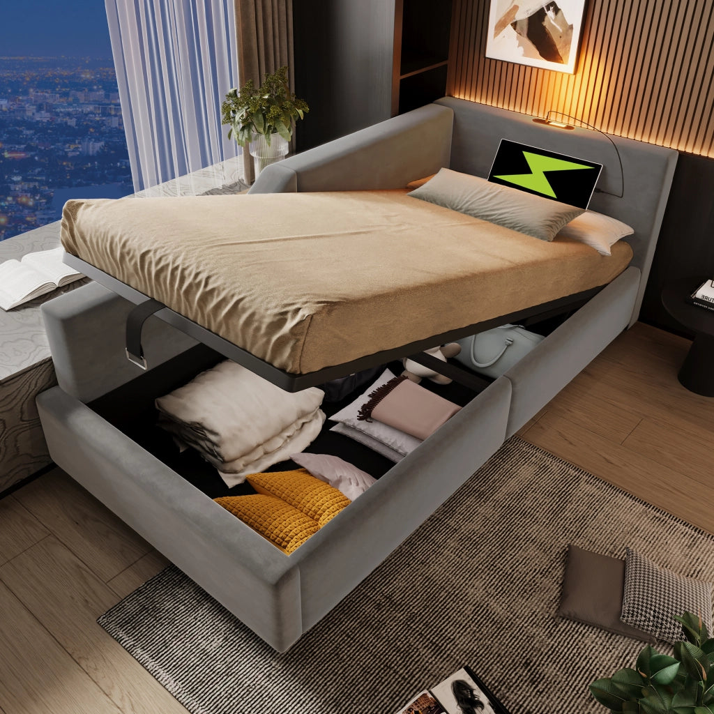 Letto singolo contenitore 90x200 cm in velluto grigio
