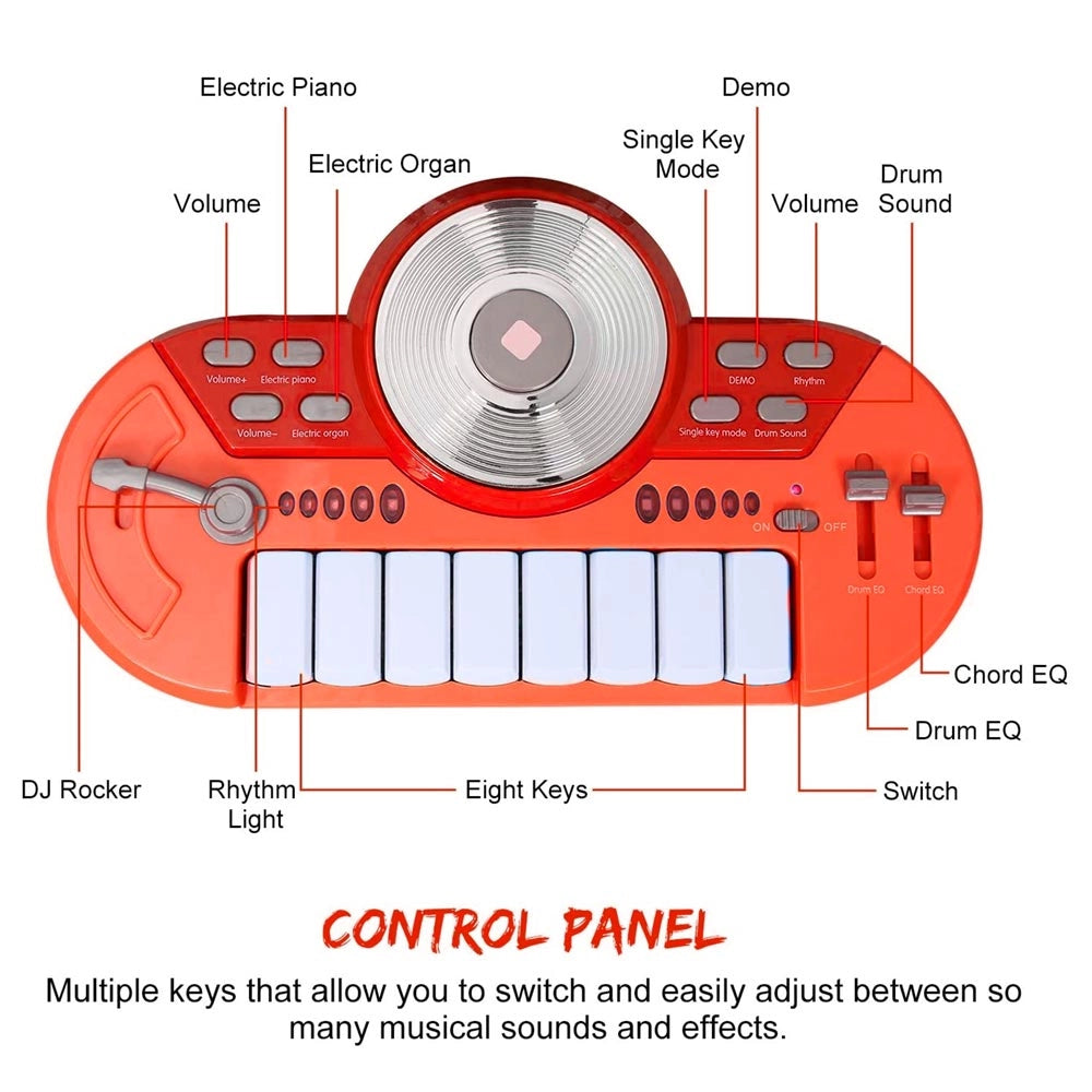 Batteria Musicale Giocattolo con Microfono Pianola Piatto DJ e Lettore MP3 Rosso