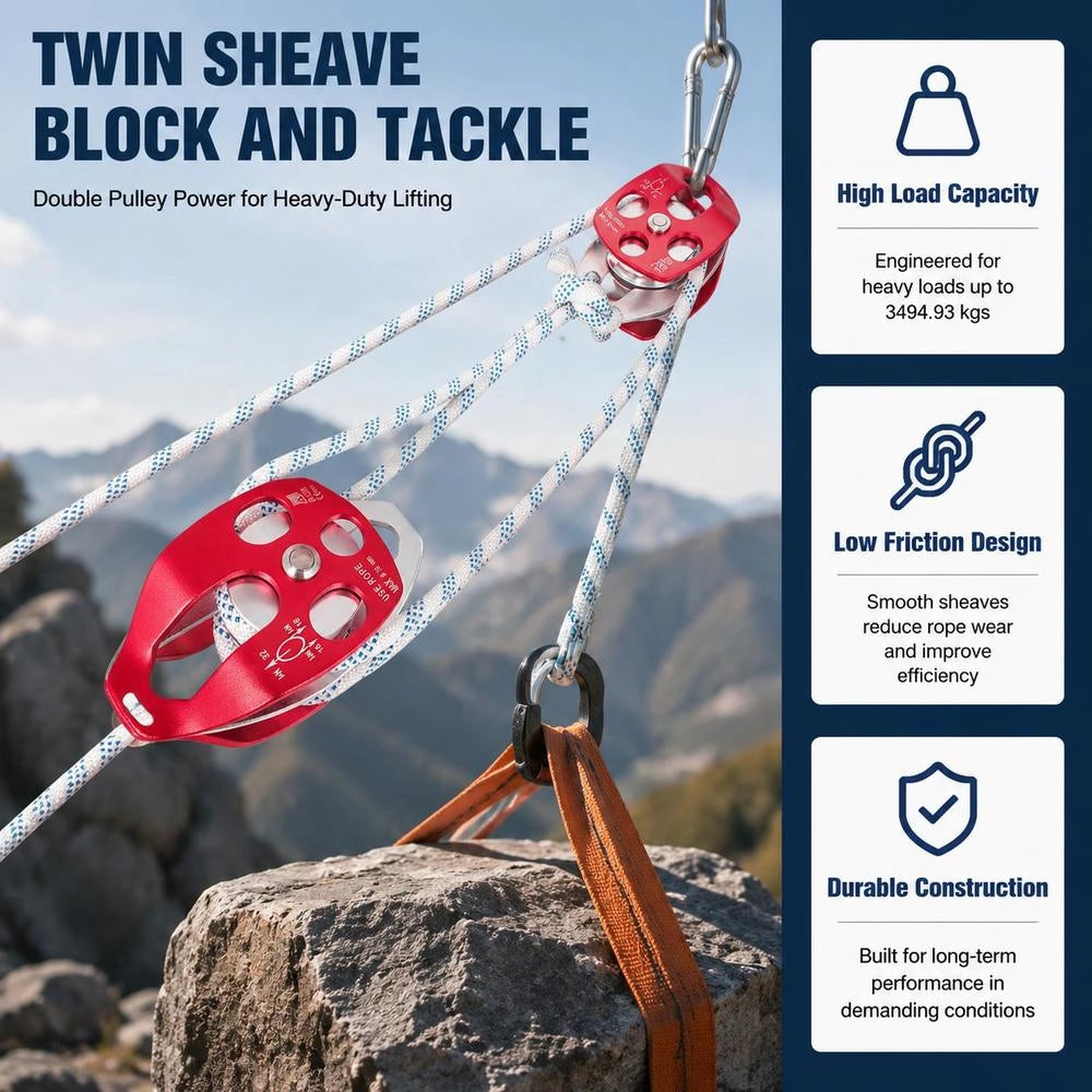 Twin Sheave Block And Tackle 3492.66kg Pulley 457.2cm 1.27cm Double Braid Rope