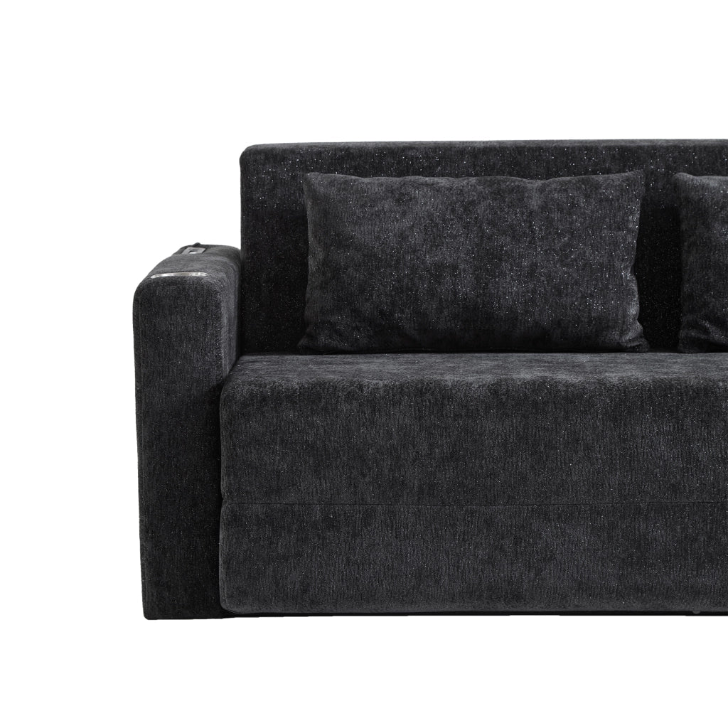 Divano letto pieghevole 2 posti 2 in 1 in ciniglia nero e grigio con USB