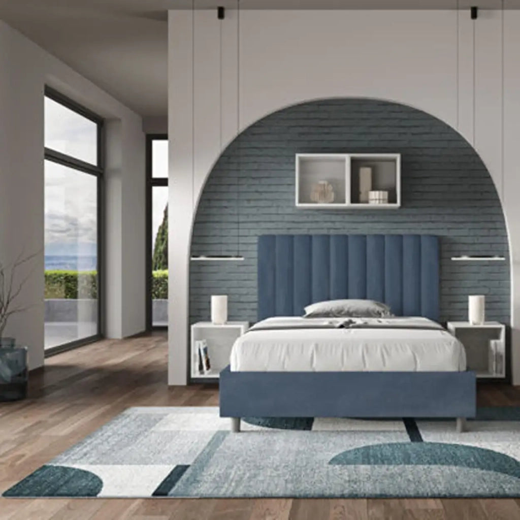 Letto una piazza e mezza senza rete imbottito 120x190 microfibra blu Agueda