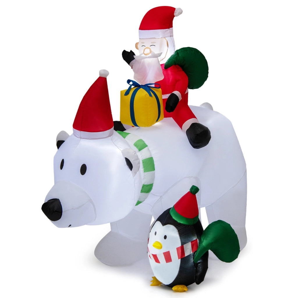 Orso polare gonfiabile illuminato alto 210cm, Babbo Natale gonfiabile che cavalca orso con pinguino sacchetti regalo-Gonfiabili natalizi