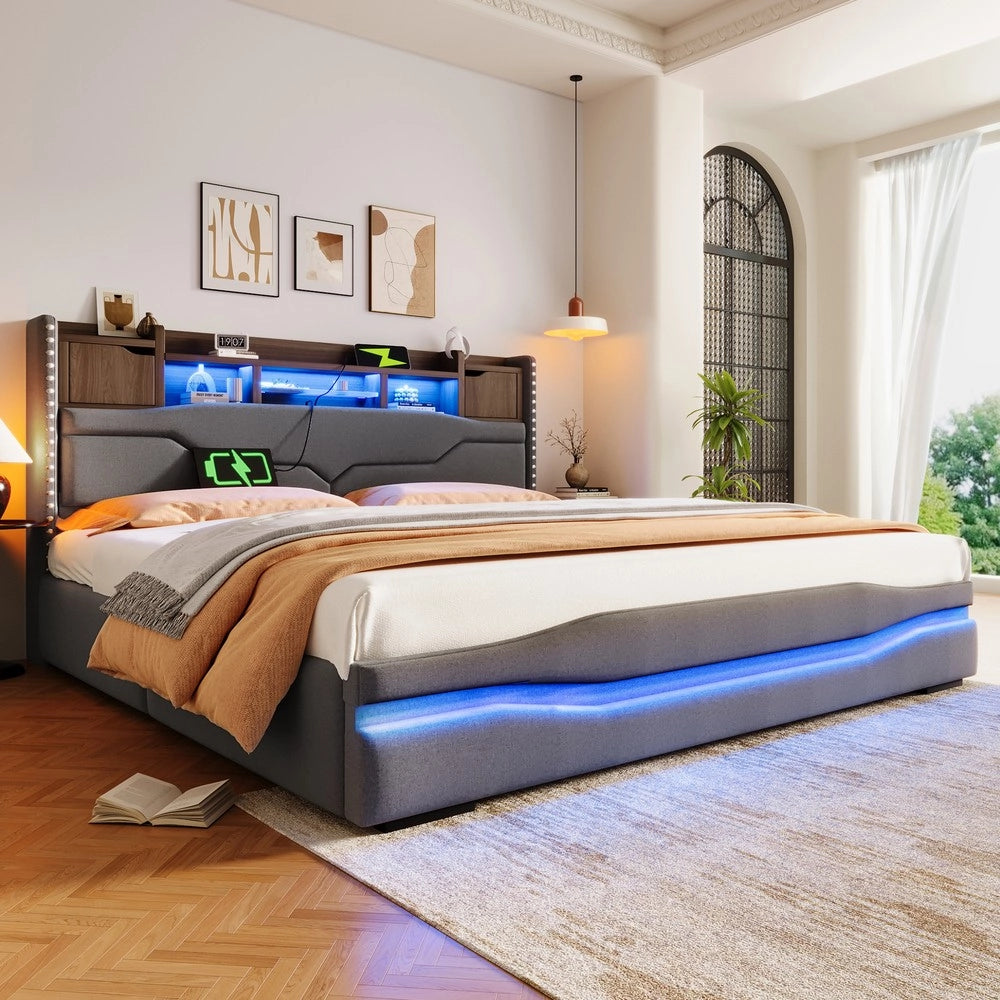 Letto Imbottito Contenitore con LED e USB ¨C Xylo ¨C Grigio 180x200