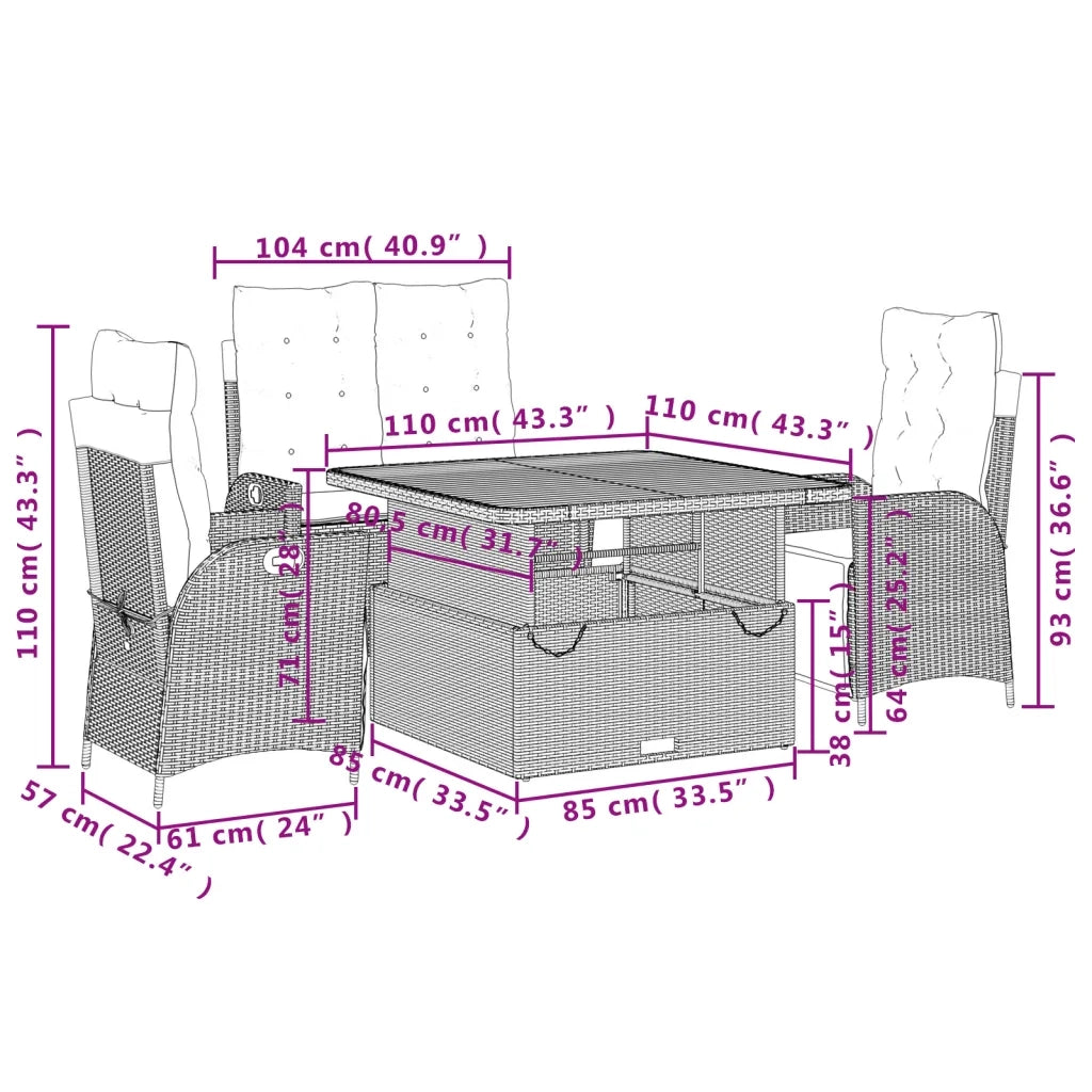 Set da Pranzo da Giardino 4 pz con Cuscini Nero in Polyrattan 3277453