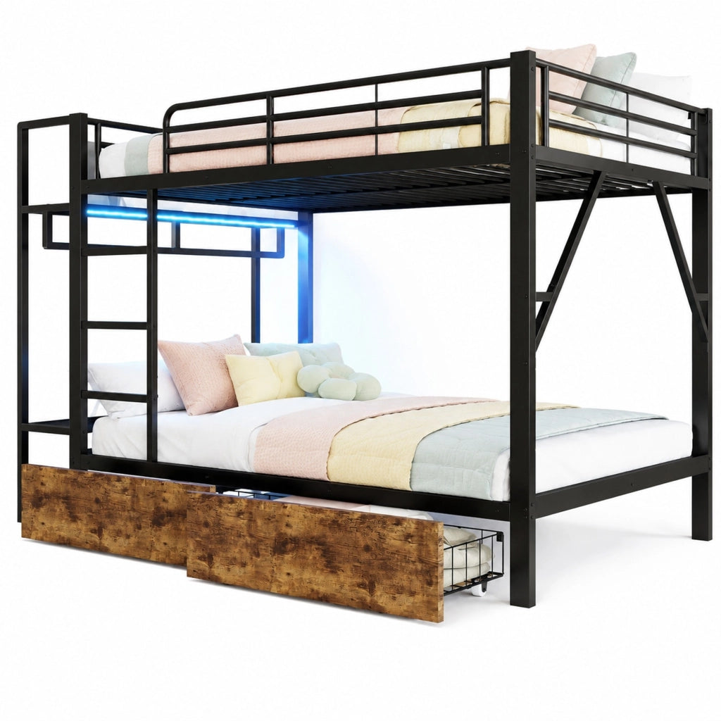 Letto a castello 140x200 cm nero con LED, cassetti e ripiani