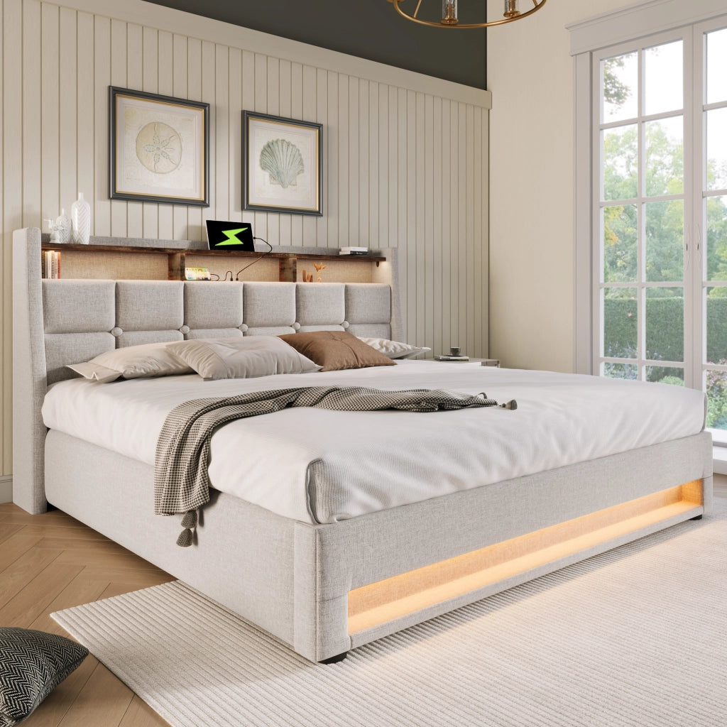 Letto imbottito 140x200 cm con LED e USB