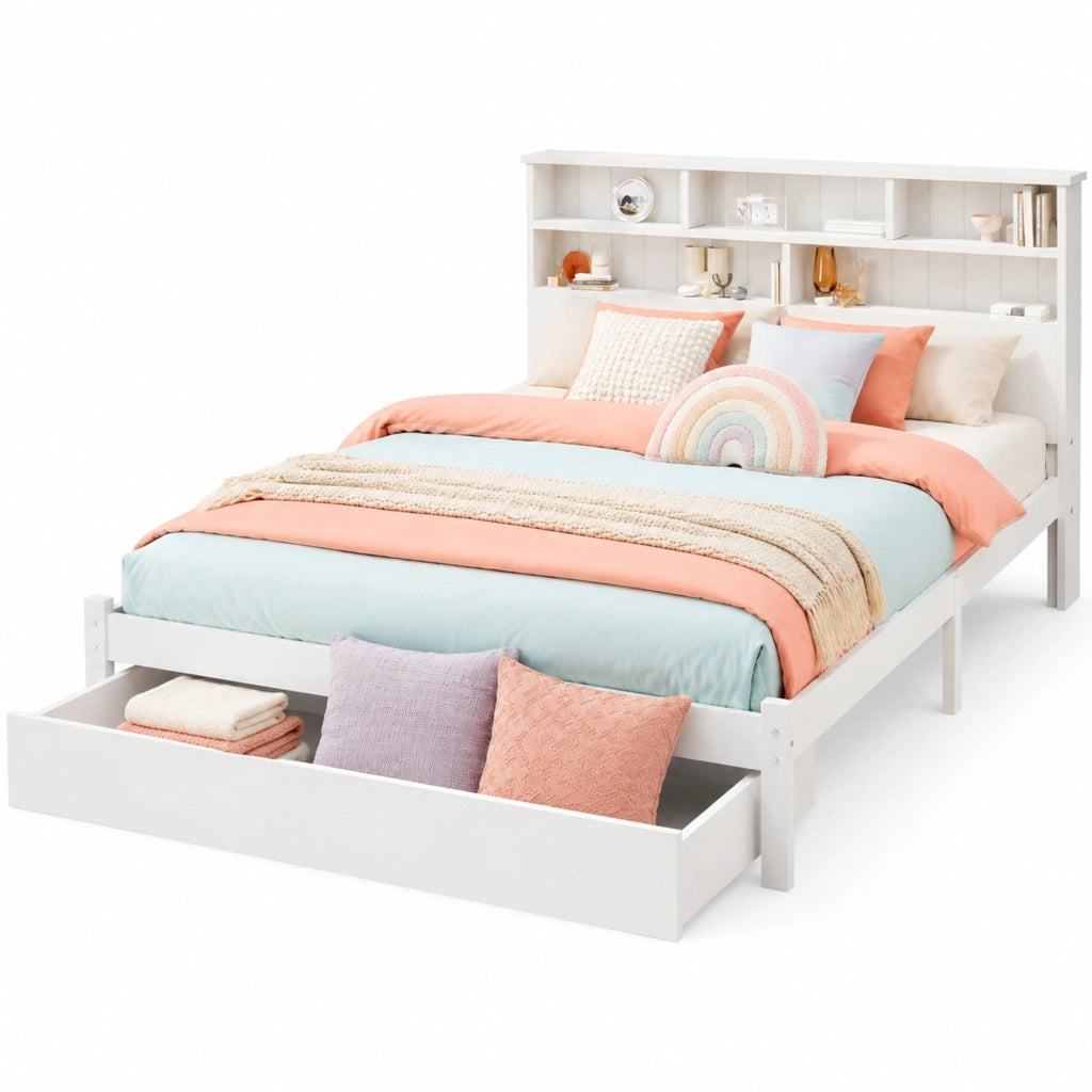Letto matrimoniale 140x200 cm con testiera libreria e cassetti; bianco