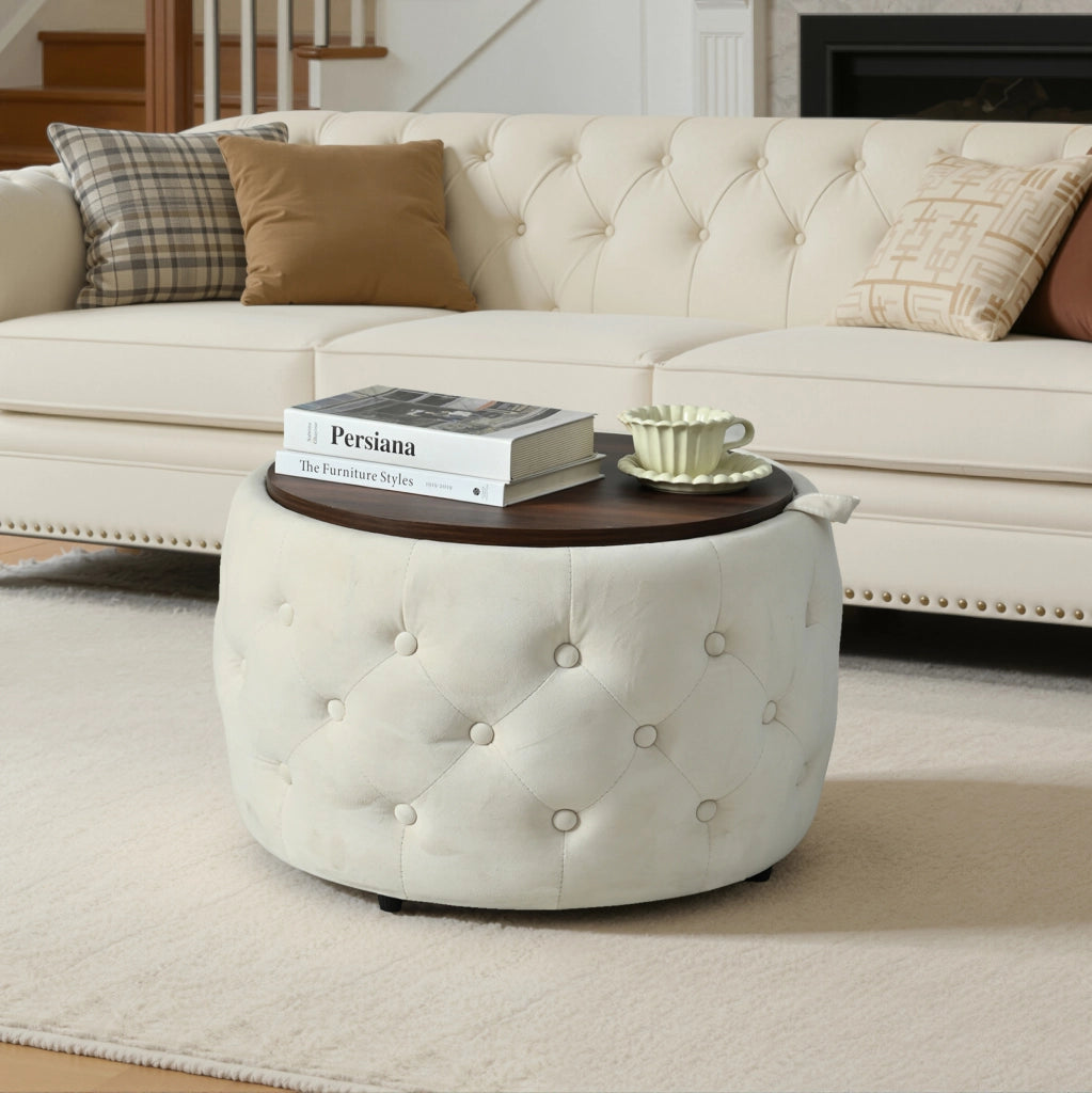 Set 2 pouf contenitore rotondi ULEVR beige in velluto, design a incastro con vassoio in legno removibile, 58 cm