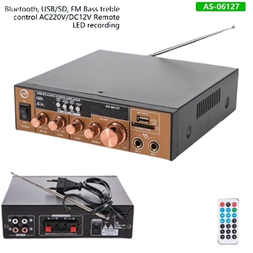AMPLIFICATORE AUDIO STEREO 2 CANALI MICROFONO FM USB BLUETOOTH KARAOKE AS-06127