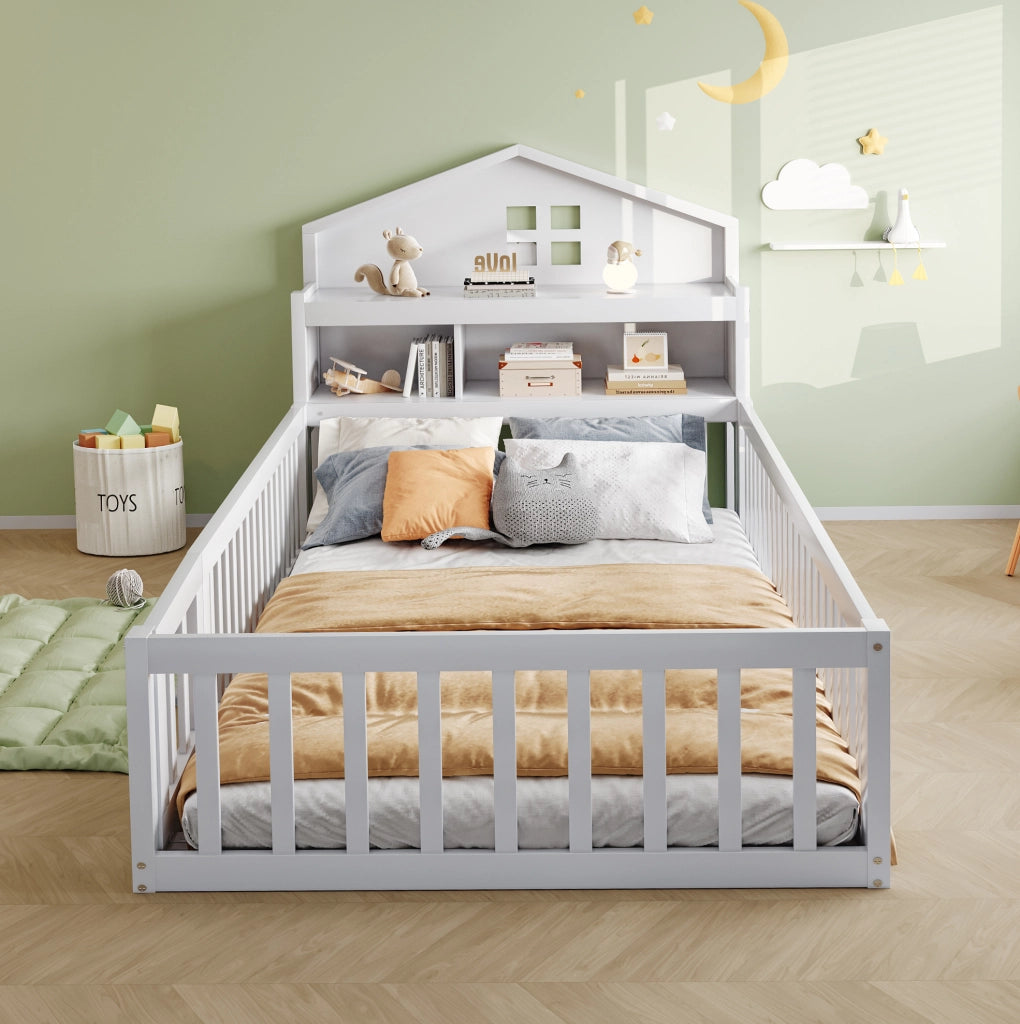 Letto per bambini 90x200 cm a casetta con lavagna, ripiani e barriera bianco