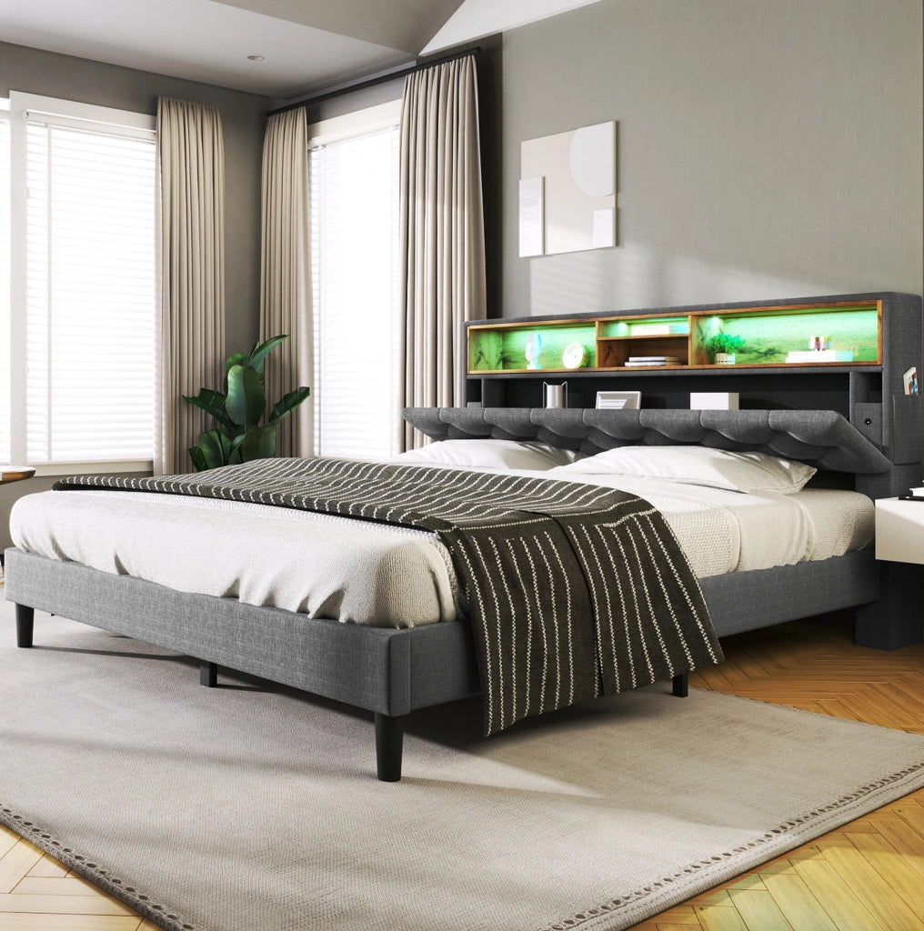 LETTO imbottito 140x200 cm Grigio con testiera contenitore e LED