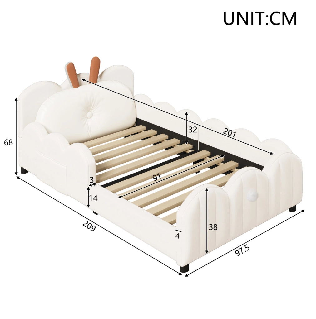 Letto a piattaforma imbottito 90x200 cm con cuscino a forma di coniglio; beige