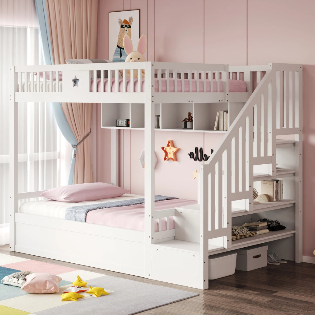 Letto a castello 140x200 cm in legno con contenitore; scala e scaffali; bianco