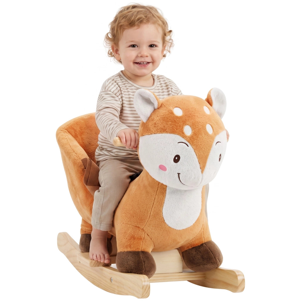 Cheval à bascule cerf en peluche avec sons d'animaux, ceinture de sécurité et butées anti-basculement, marron
