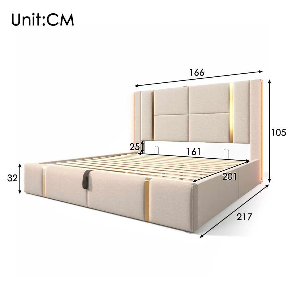 Letto matrimoniale imbottito 160x200 beige con LED RGB