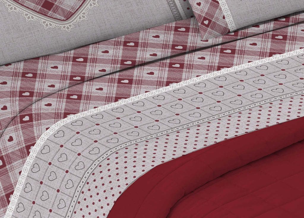 Completo Lenzuola Letto Pensieri Delicati 100% Cotone Dis.Chalet - Piazza E Mezza - Rosso