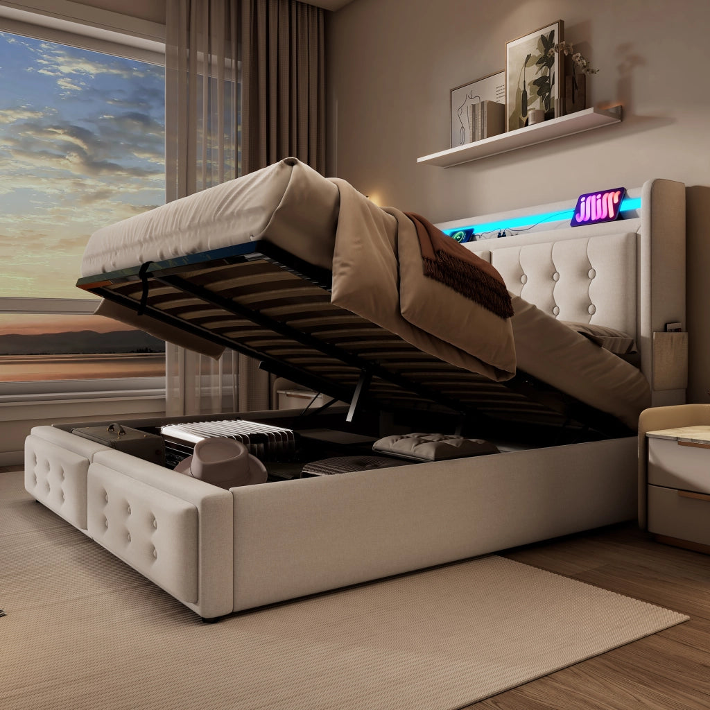 Letto matrimoniale imbottito 140x200 cm beige con contenitore