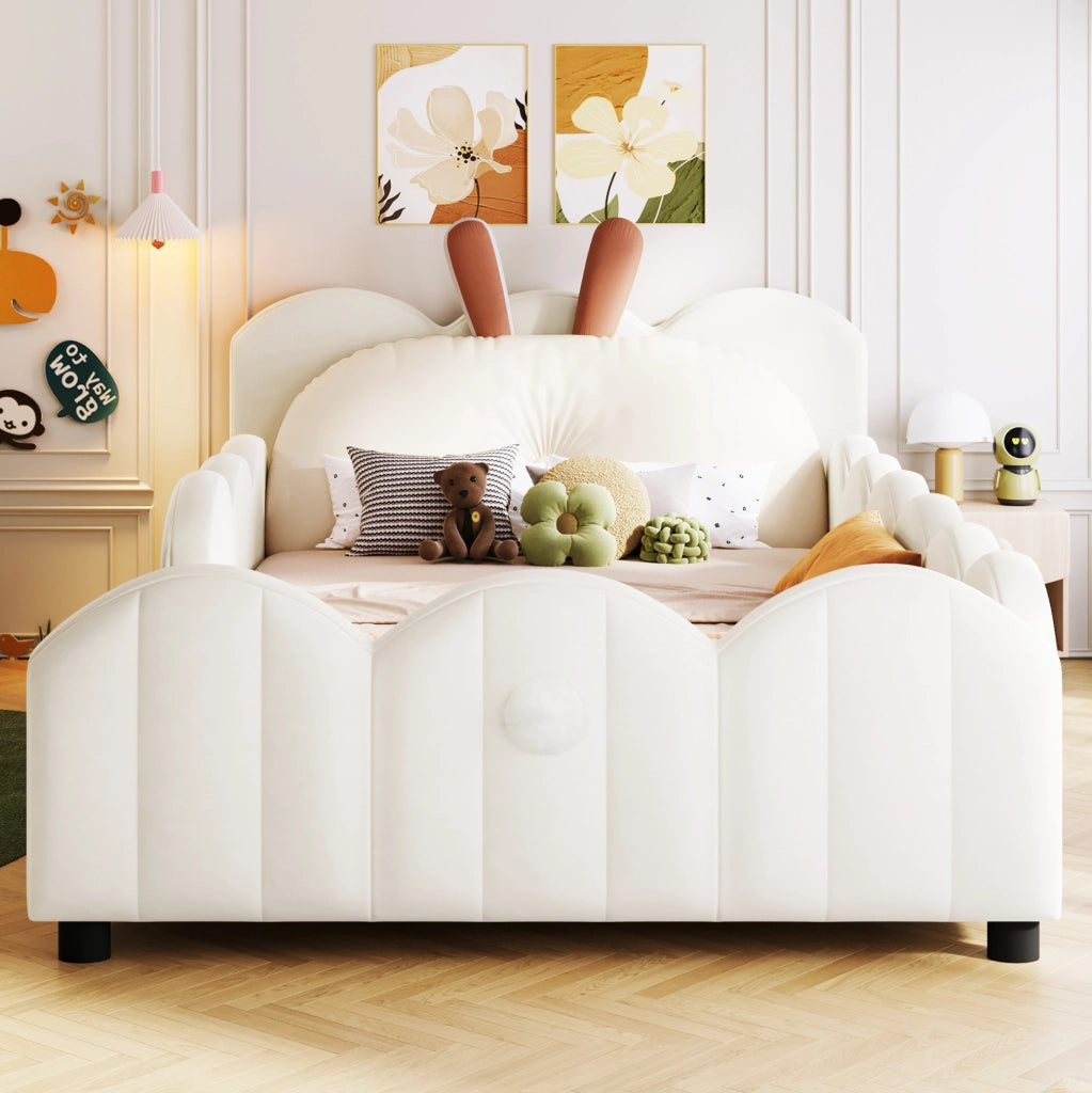 Letto a piattaforma imbottito 90x200 cm con cuscino a forma di coniglio; beige