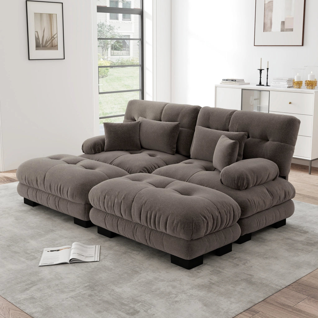 Divano Angolare Chenille 2 Posti con Ottomans e Cuscini ¨C Xylo ¨C Marrone