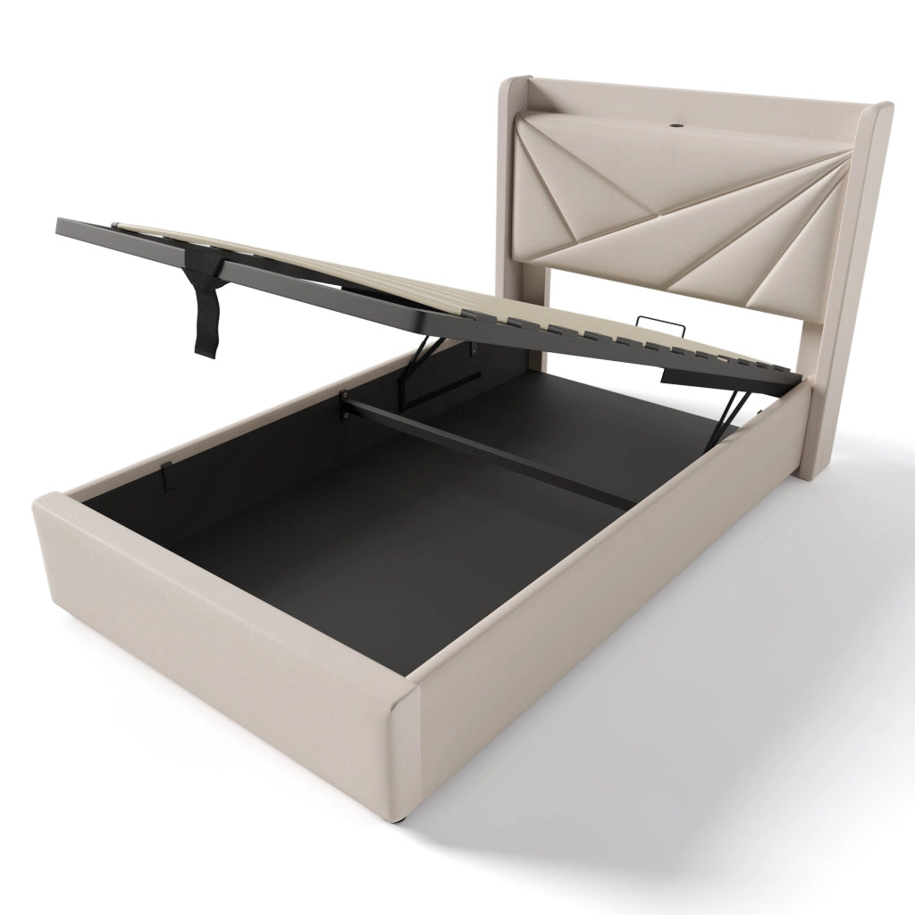 Letto singolo imbottito 90x200 cm con contenitore, testiera con USB e Type-C, beige