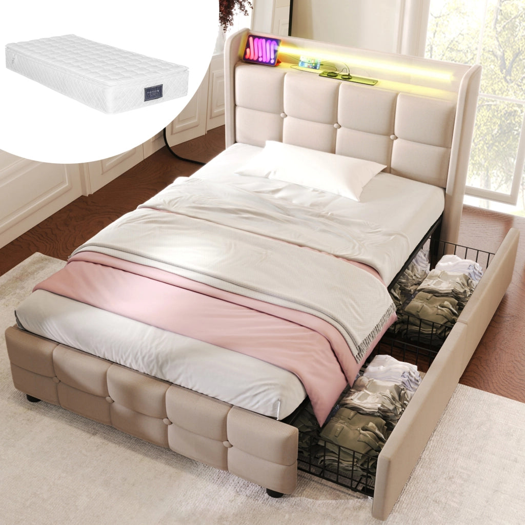 Letto singolo imbottito 90x200 cm con USB; prese; LED e 2 cassetti; beige