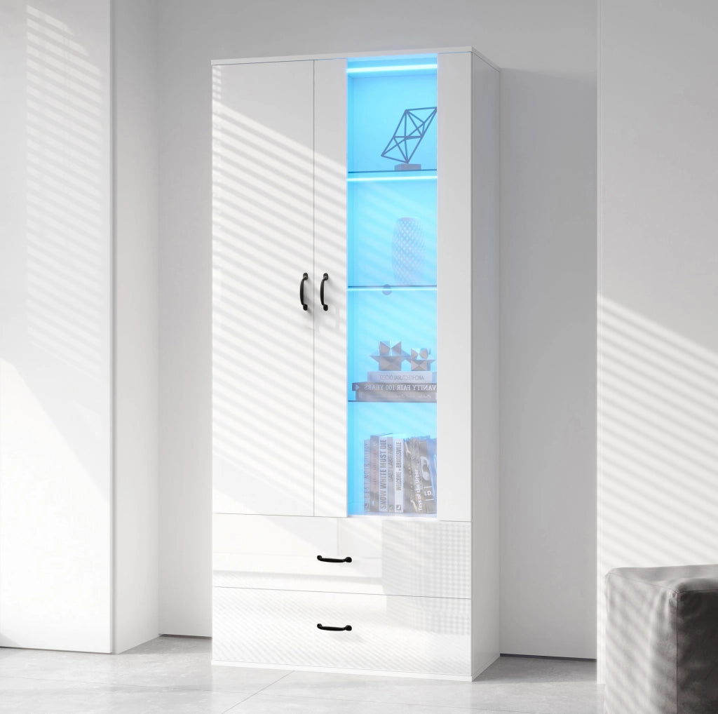 Vetrina 59,5x35x182 cm con LED Bluetooth, 2 ante e 2 cassetti bianca