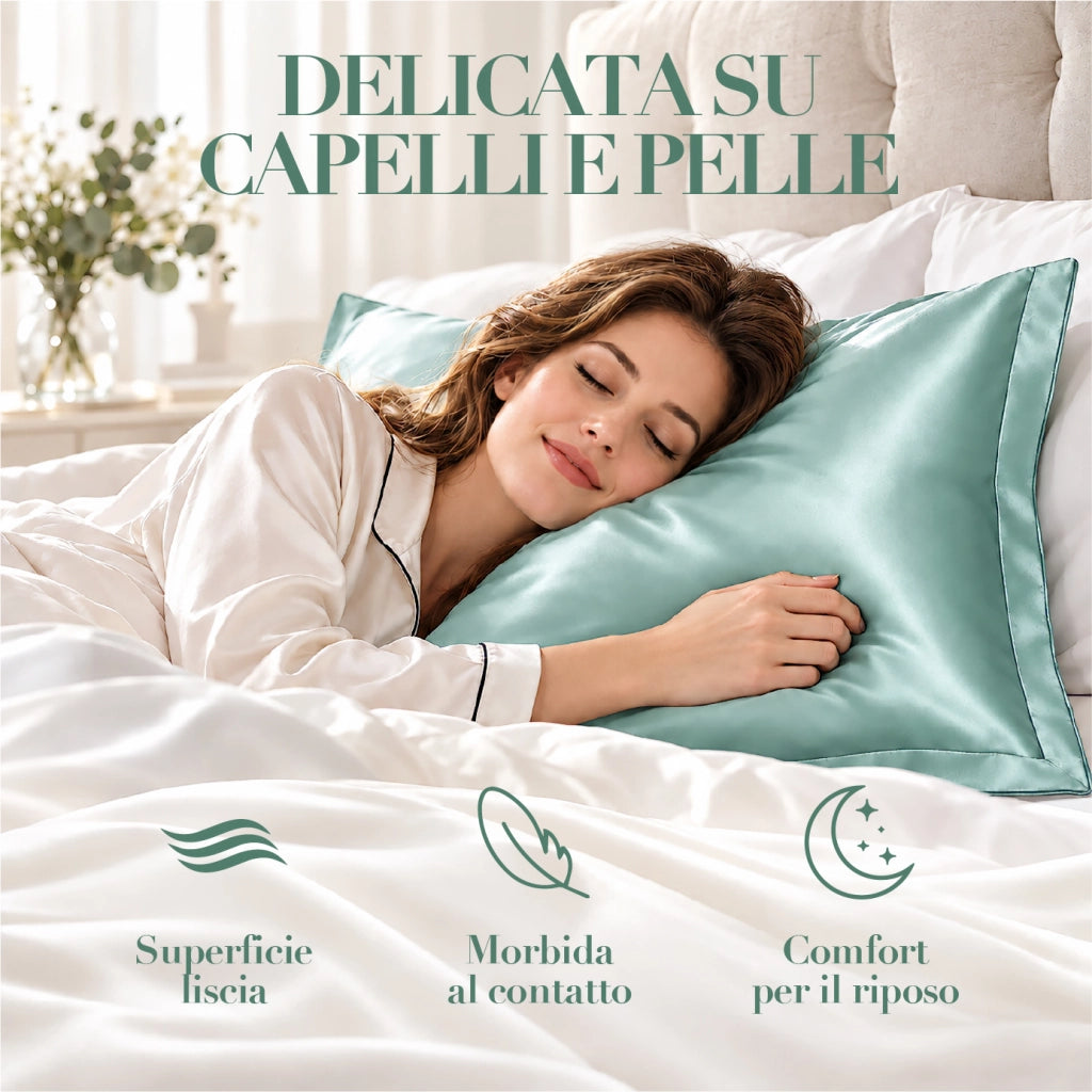 Federa 100% Seta Di Gelso 50x80Cm Con Volant da 5 Cm Retro In Tencel Di Eucalipto Anticrespo Anti-Age Rigenerante Cromoterapia Certificate OekoTex Chiusura Zip Acqua