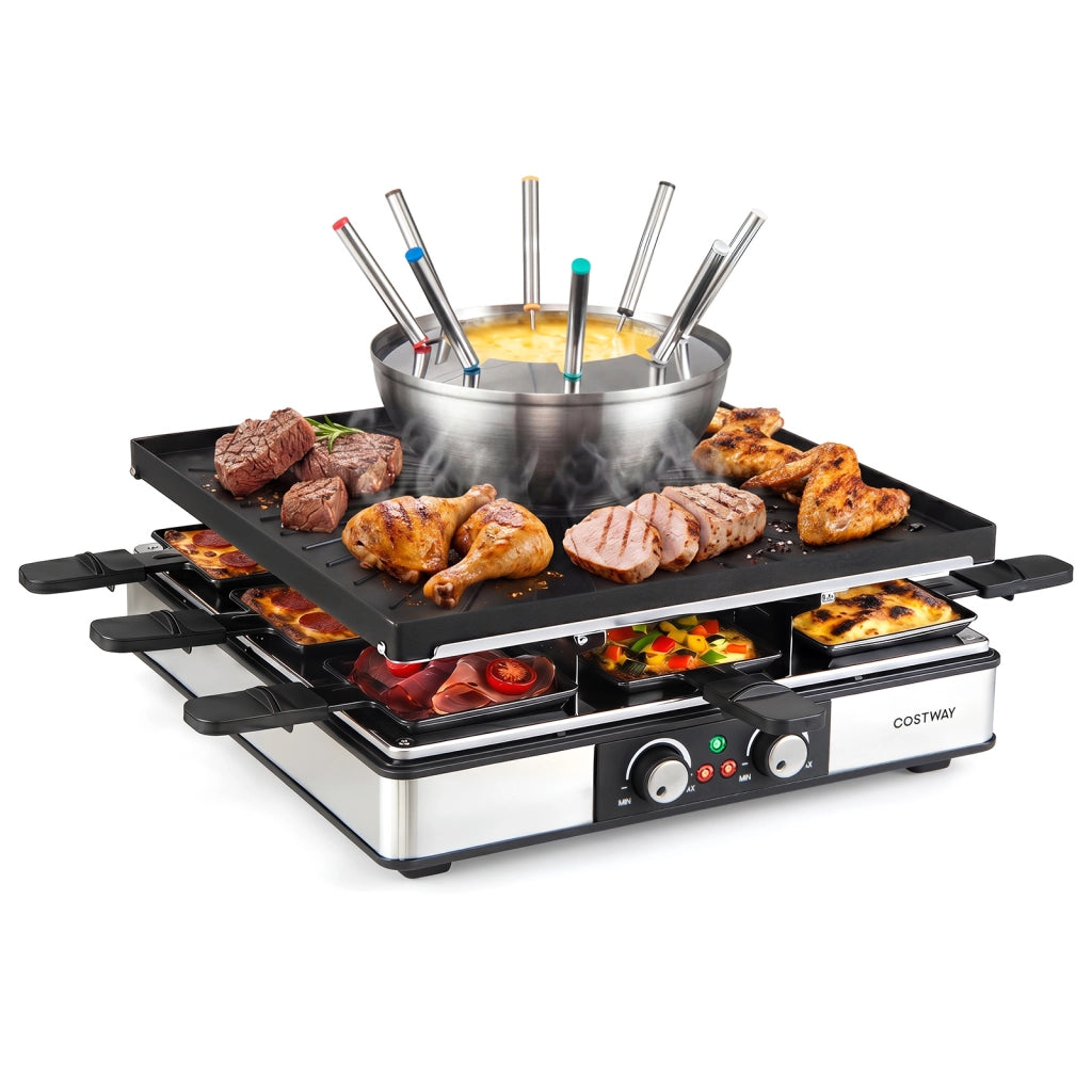 Griglia per raclette e fonduta 3 in 1 da 2200 W con teglia antiaderente 8 padelline spatola e forchette, Griglia elettrica da tavolo con doppio termostato