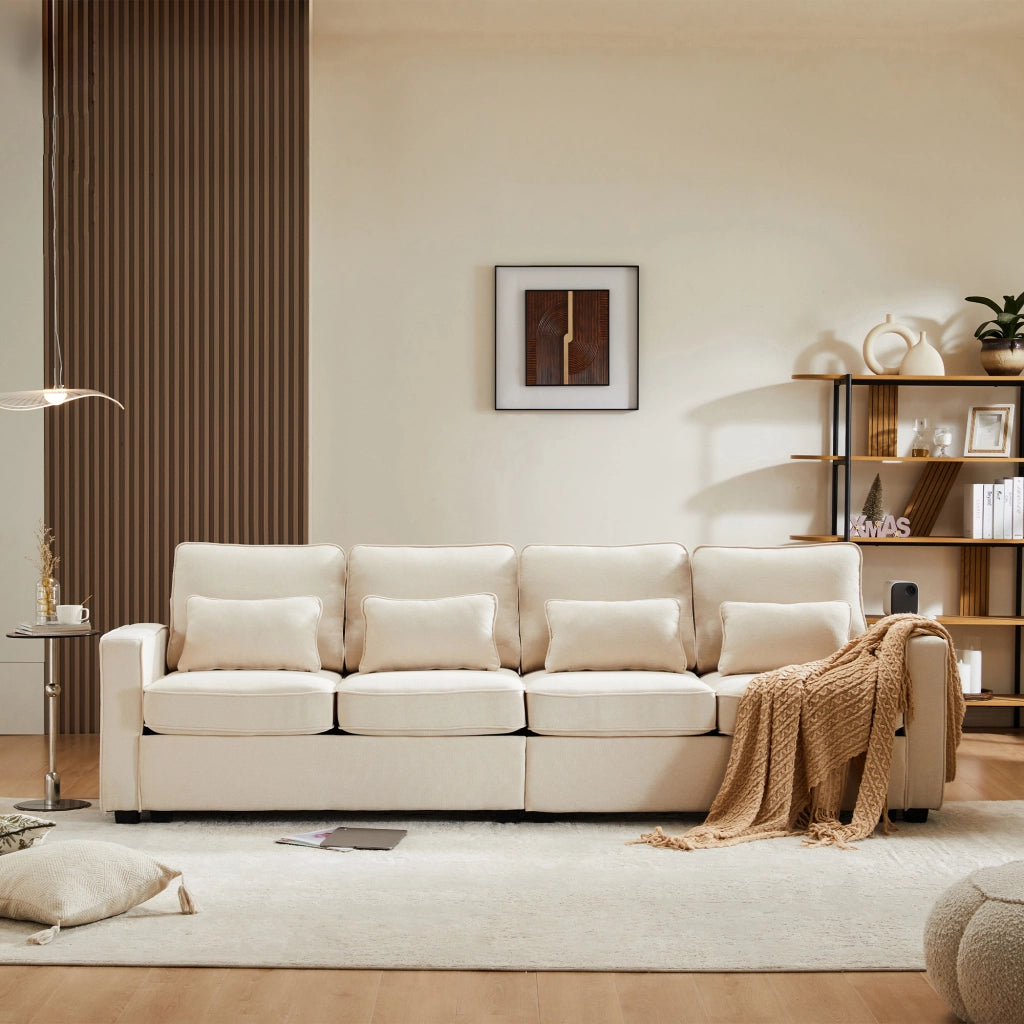 Divano 4 posti in tessuto di lino beige con tasche laterali e 4 cuscini, 264x83x87 cm