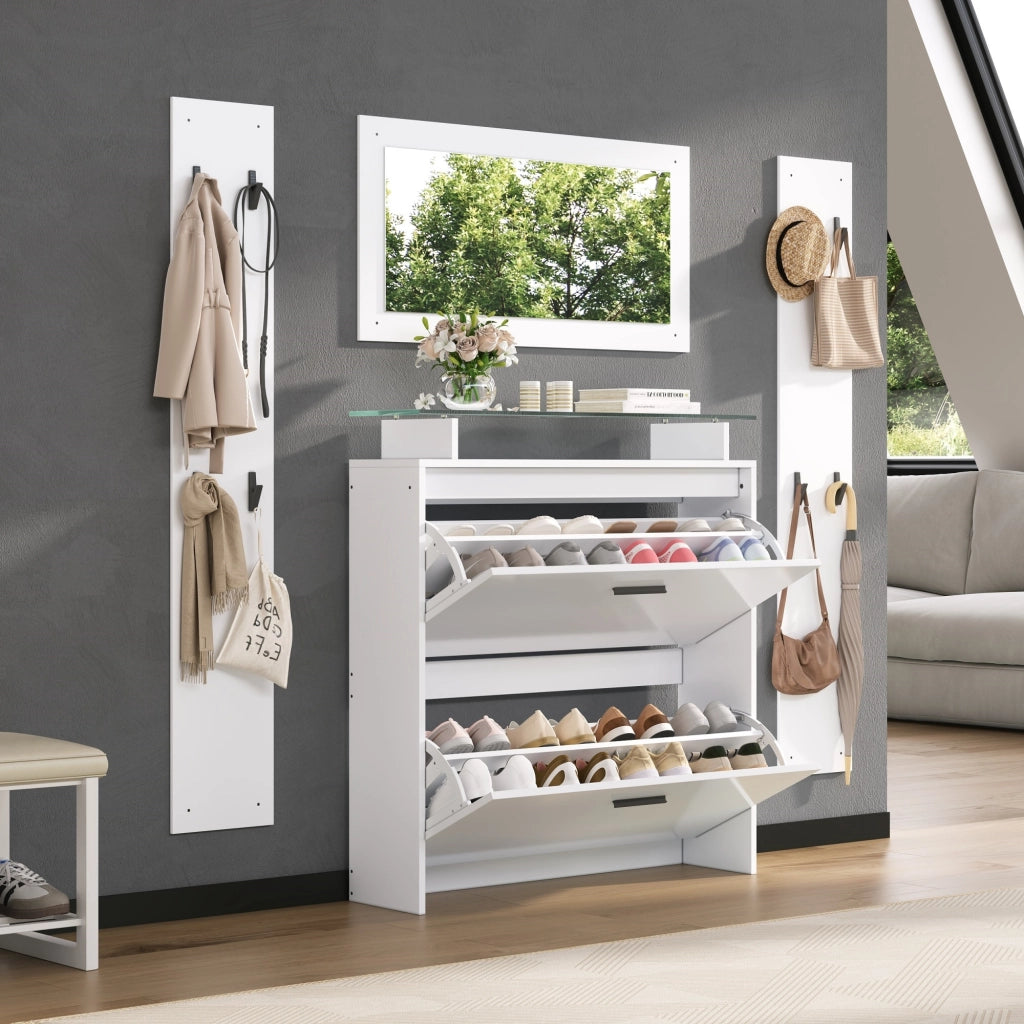 Set Mobili Ingresso 4 Pezzi Scarpiera Bianco Lucido Specchio e Appendiabiti