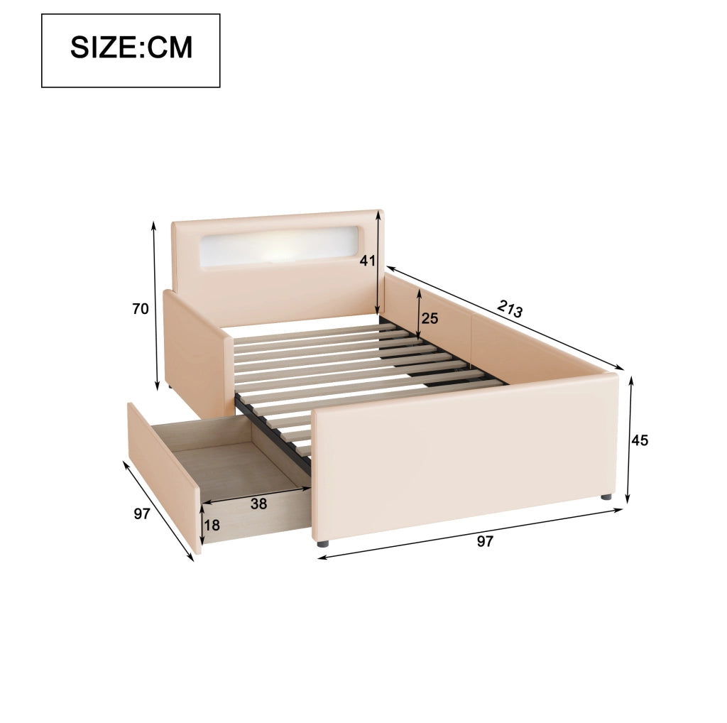 Letto imbottito per bambini 90x200 cm con luce LED; porta USB e cassetti; beige