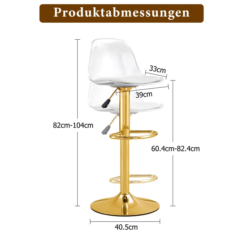 SGABELLO BAR regolabile 82-104 cm schienale trasparente oro Set da 2 pezzi