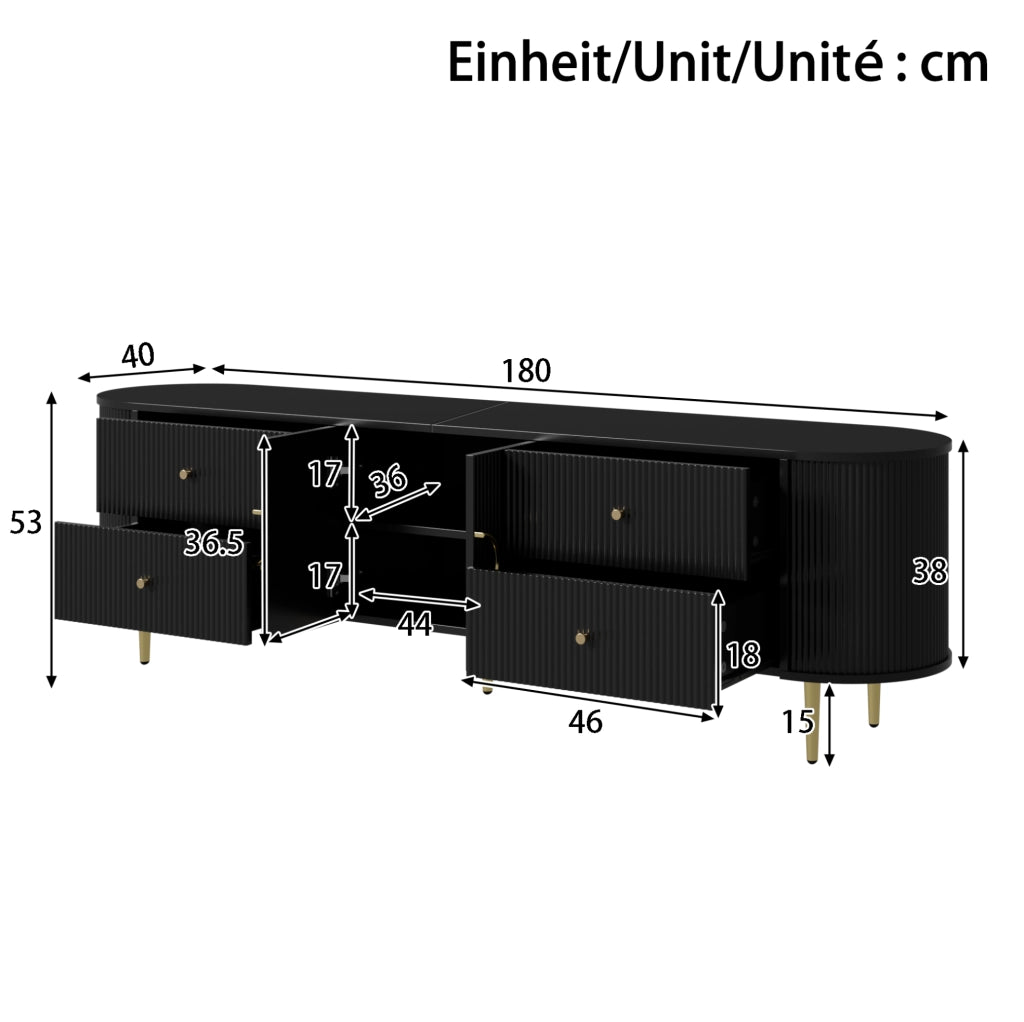 Mobile TV 180x40x38 cm con cassetti e ante ondulate in MDF nero