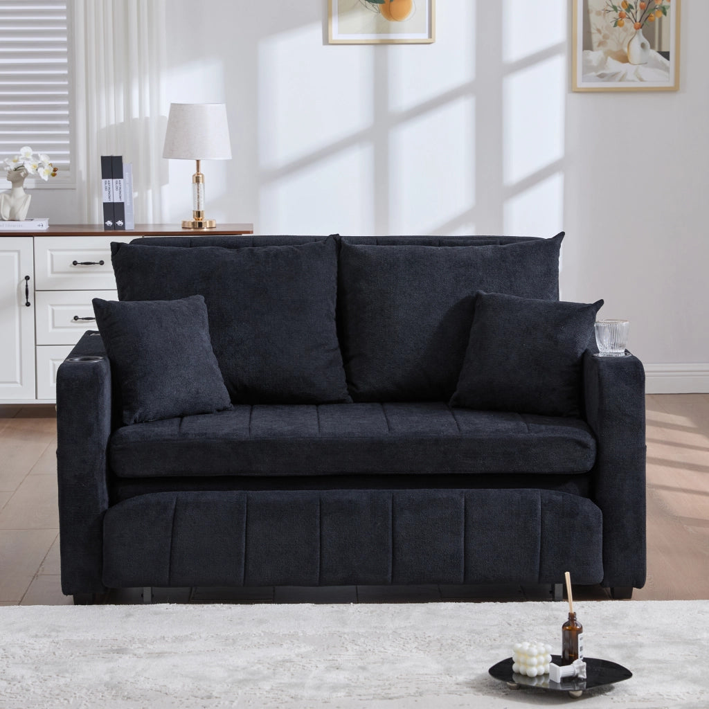 Divano letto 2 posti 139 cm, 4 cuscini, tasche contenitore, ciniglia nera, USB