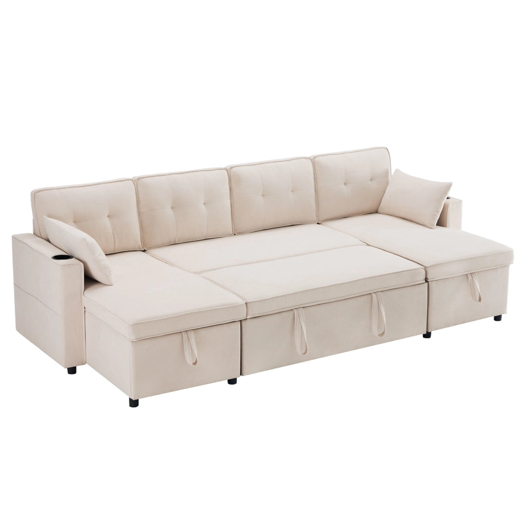 Divano letto U-förmige con contenitore, 4 posti, tessuto cotone-lino, beige, con 2 cuscini