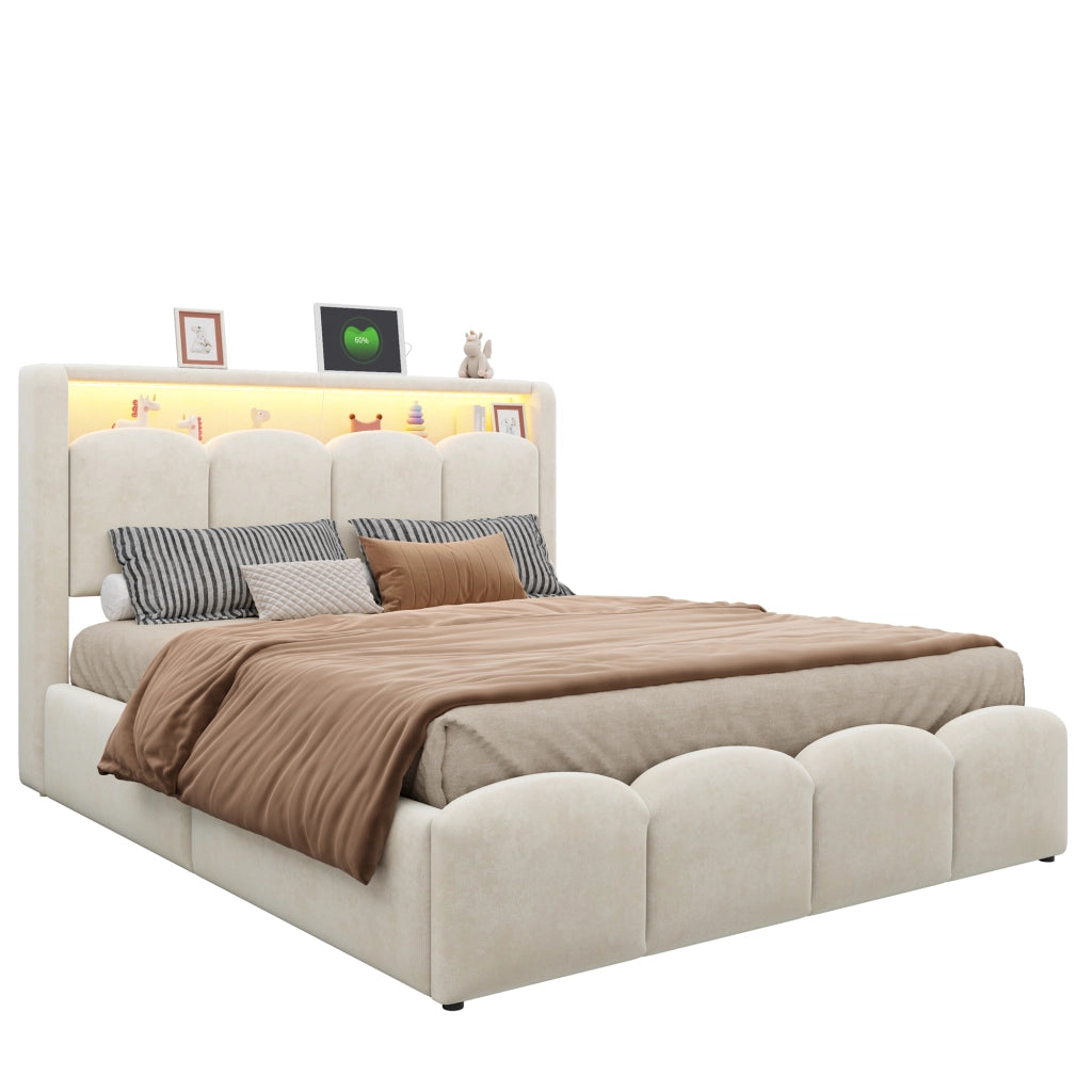 Letto matrimoniale imbottito 140 × 200 cm con contenitore idraulico velluto beige USB e Type-C LED