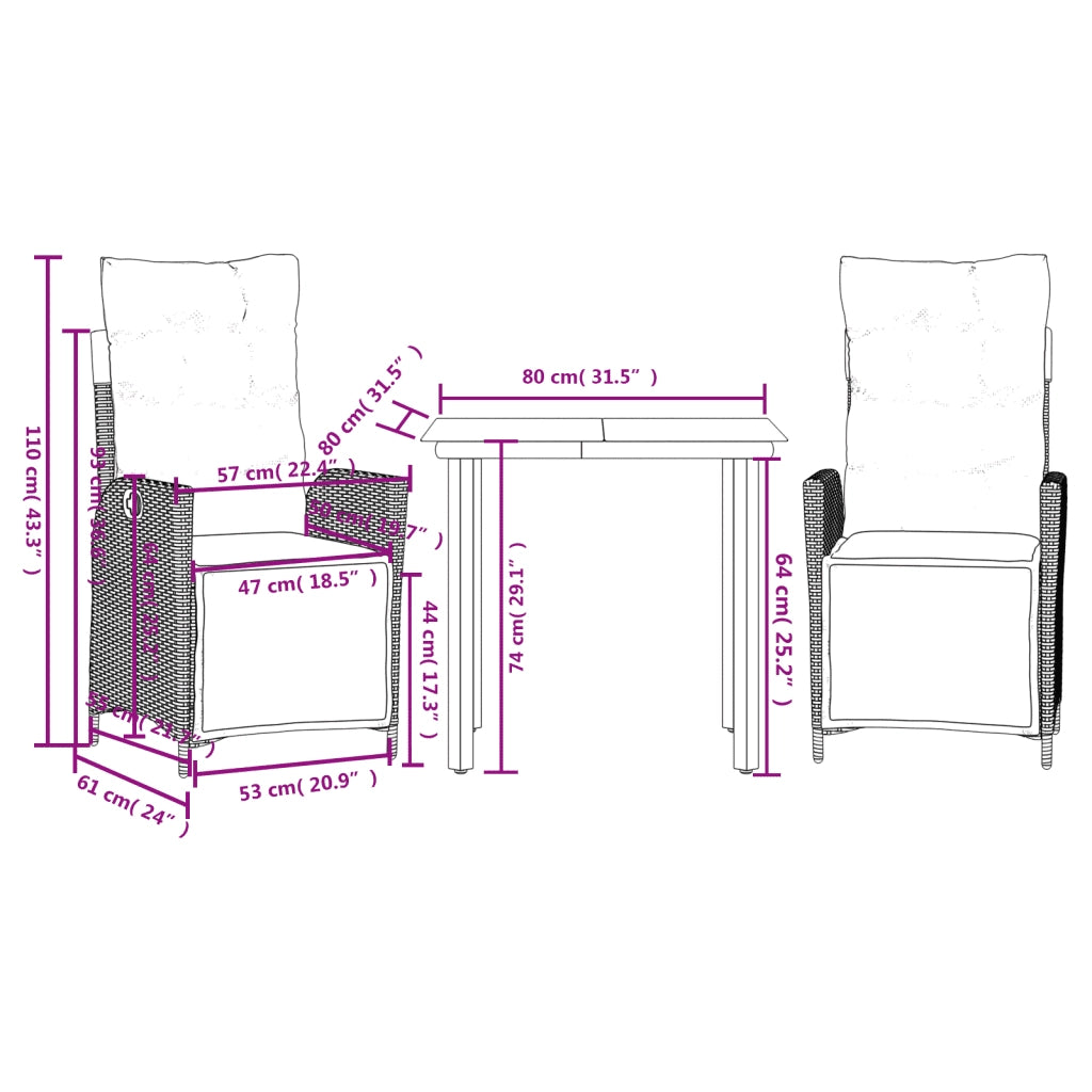 Set da Pranzo da Giardino 3 pz con Cuscini Nero in Polyrattan 3213399