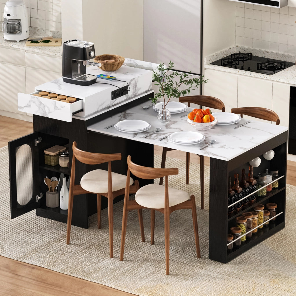 Isola cucina estensibile con prese e contenitore nera
