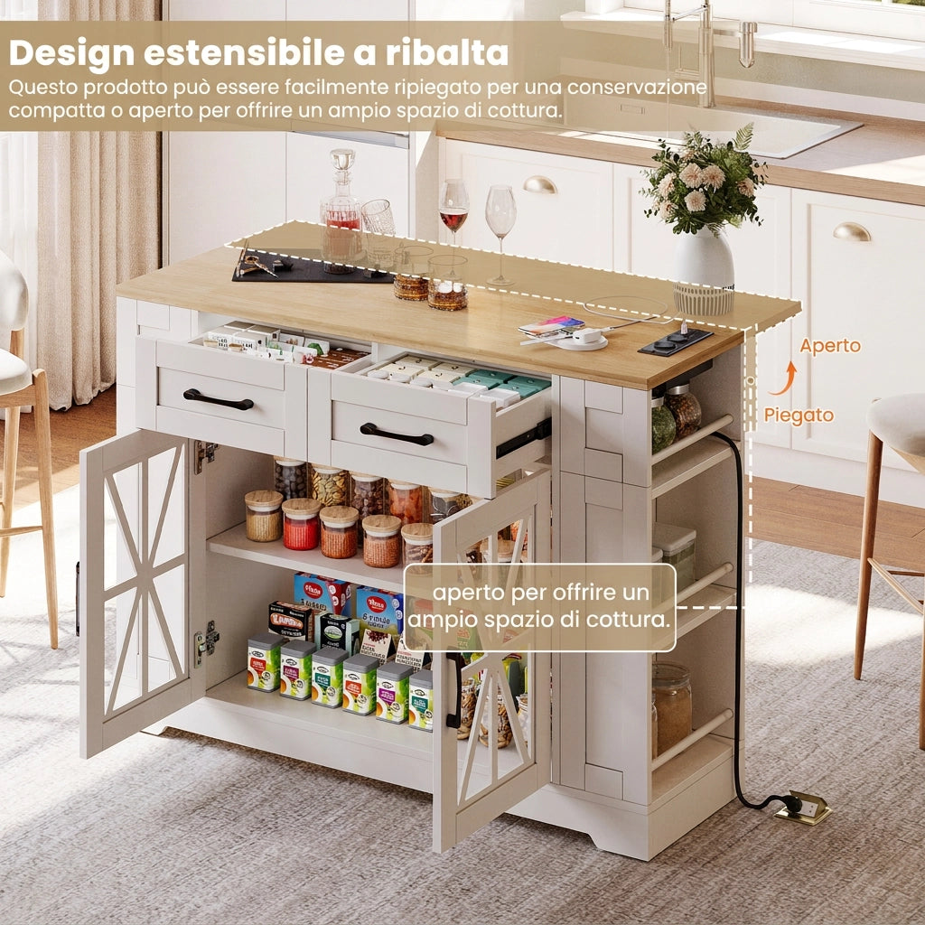 Isola cucina con tavolo a scomparsa 120 cm; 2 prese AC e 2 USB; porte in vetro e ruote; 120x65x92 cm