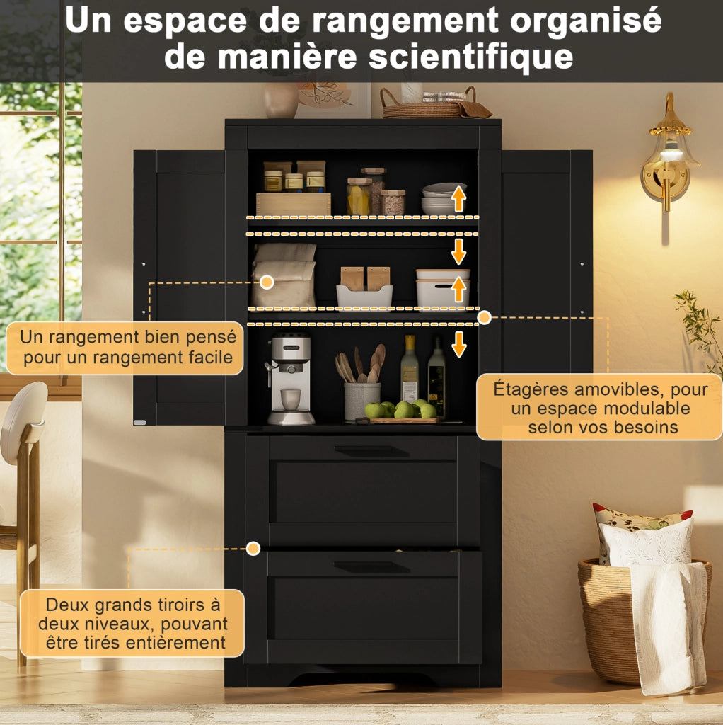 Credenza alta stile rustico con 2 cassetti e ripiani regolabili; MDF; nera