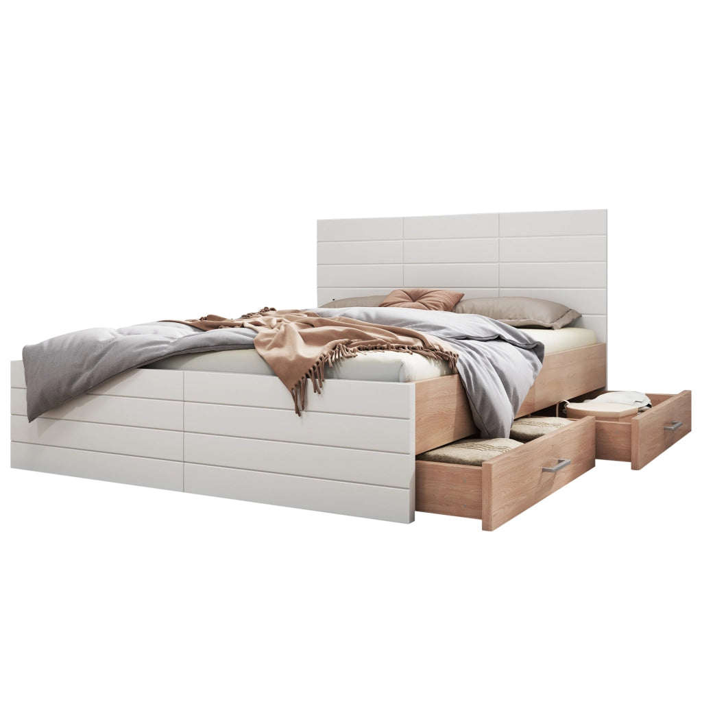 Letto matrimoniale 180x200 con due cassetti bianco e rovere