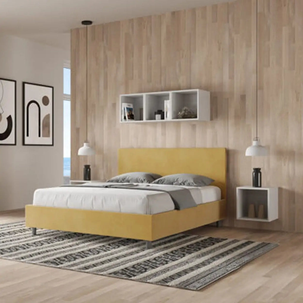 Letto matrimoniale contenitore imbottito 160x190 microfibra ocra Adele