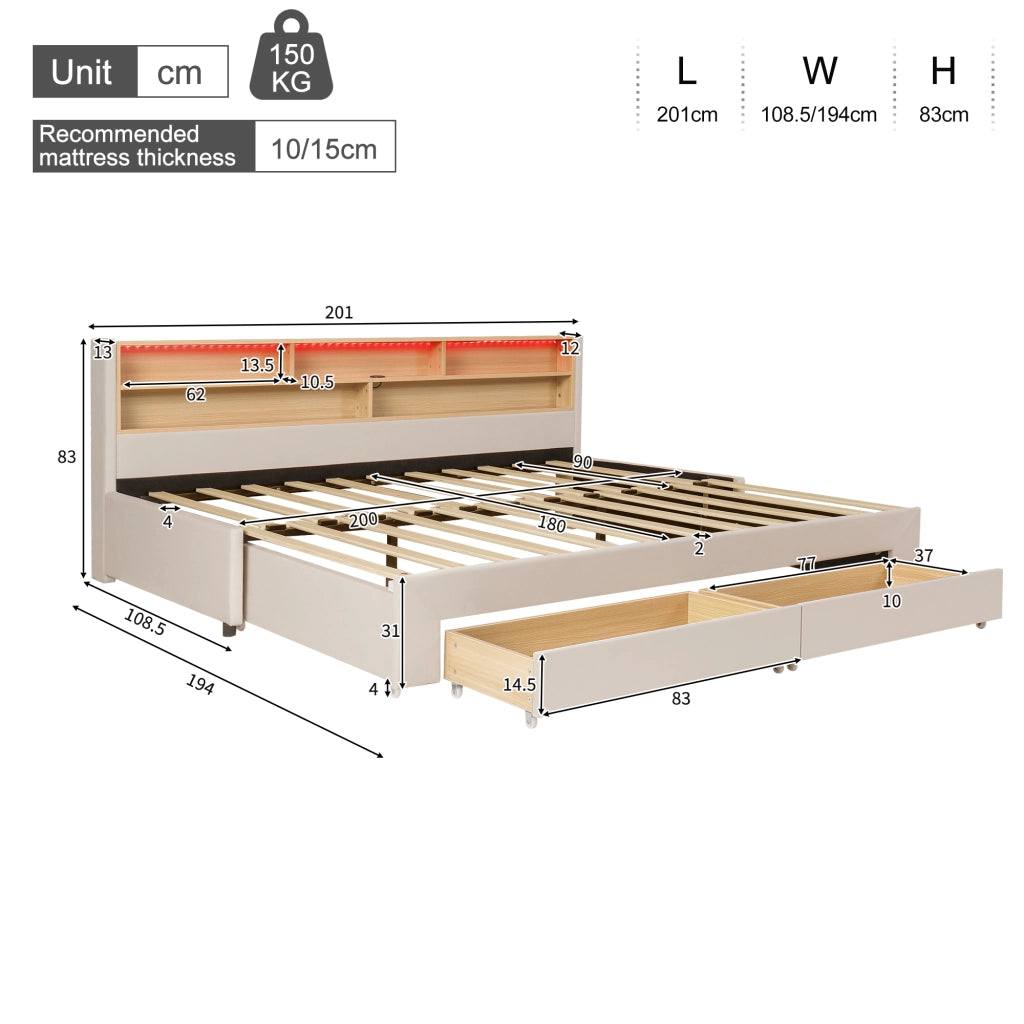 Letto per bambini estraibile 90x200 cm con LED; USB e Type-C; 2 cassetti; velluto beige