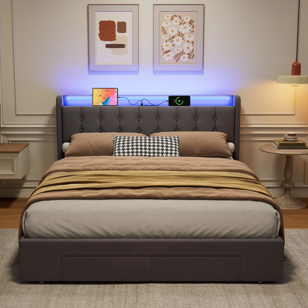 160x200 cm in velluto grigio scuro con contenitore, 2 cassetti, USB e luce d'atmosfera